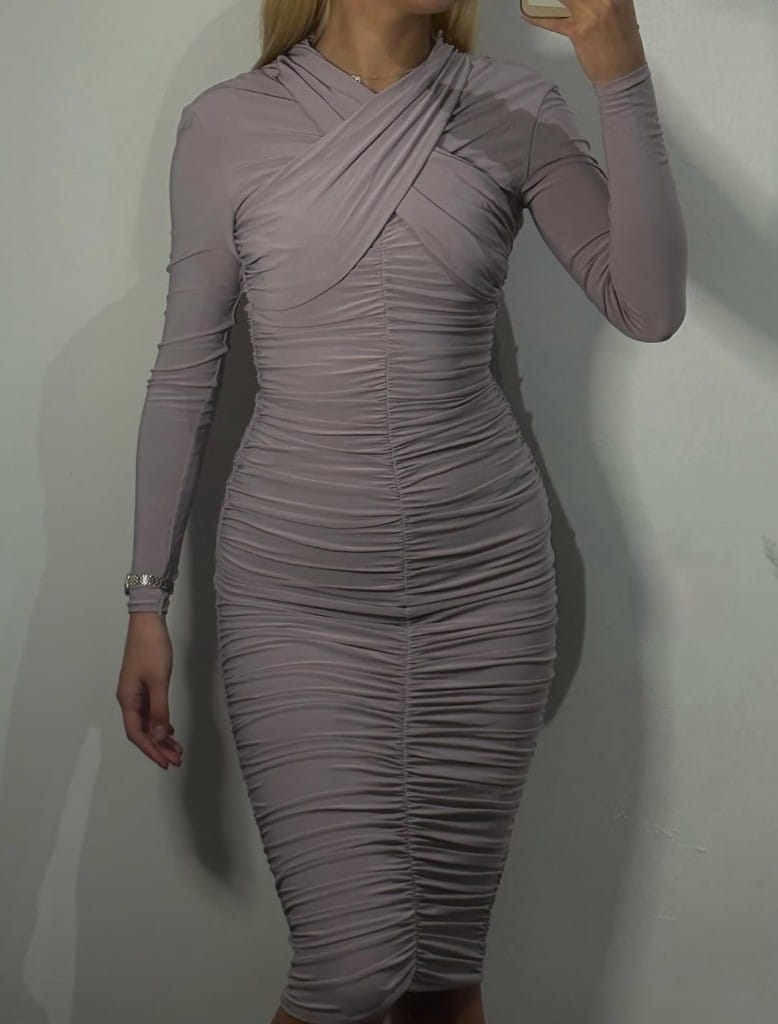 Lila nabrana midi haljina sa preklopom